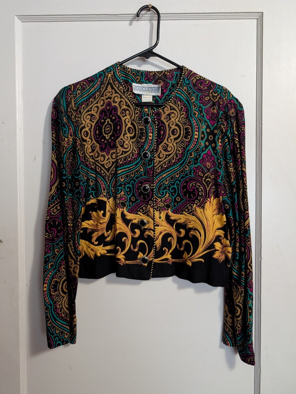 Jessica Howard Black Blouse with Gold Baroque and Teal Paisley Accents